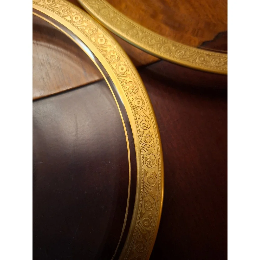 Set of 6 Vintage Tiffin Gold‎ Encrusted Rim Clear Glass Salad Plates 8 1/2 